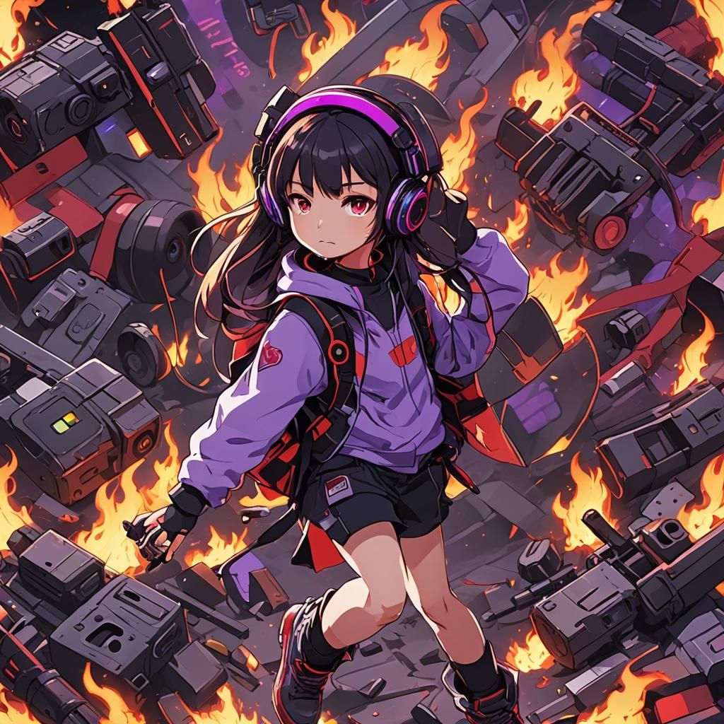 Neon Girl with Weapons in Anime Style