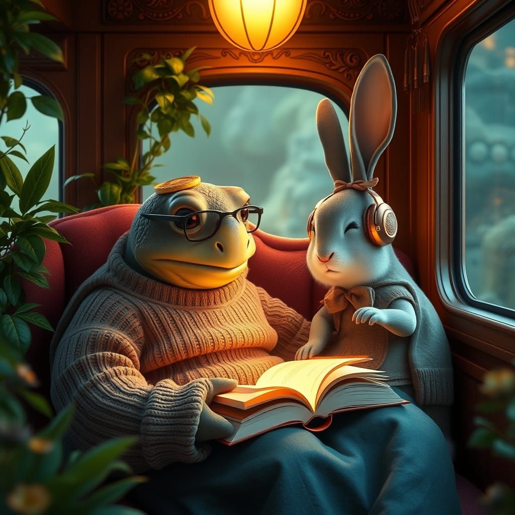 Gentle Turtle Reads on Train with Mother in Whimsical Wonder...