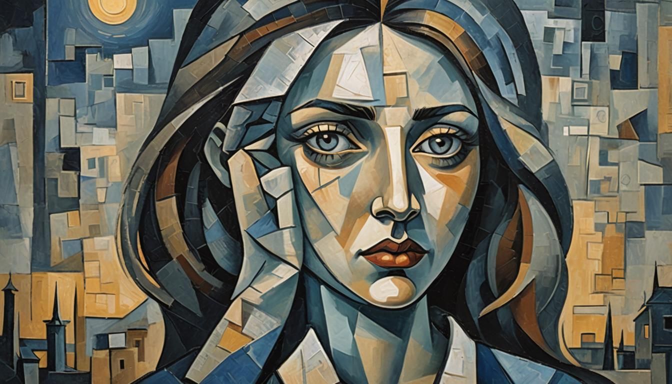 Sad Girl in Moonlight, Cubist Painting