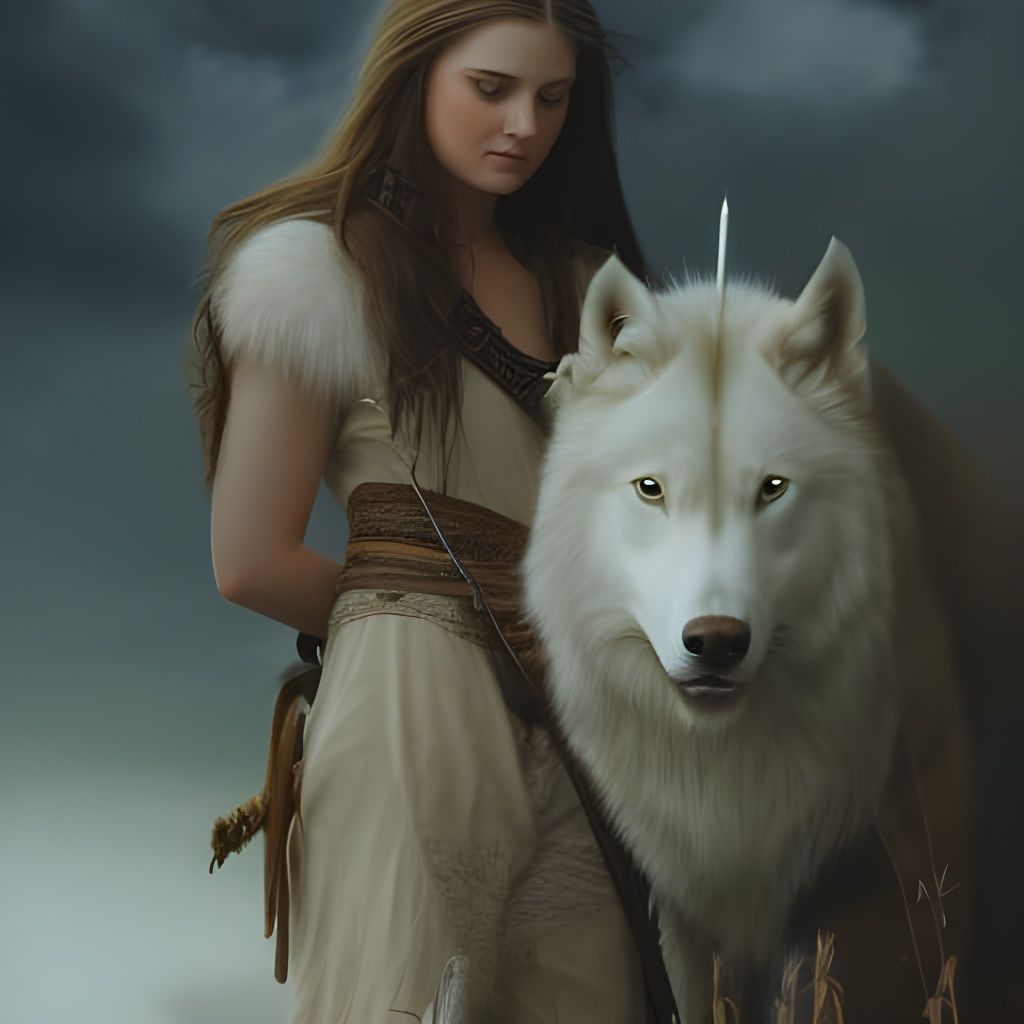 Viking Girl and White Wolf in Oil Painting Style