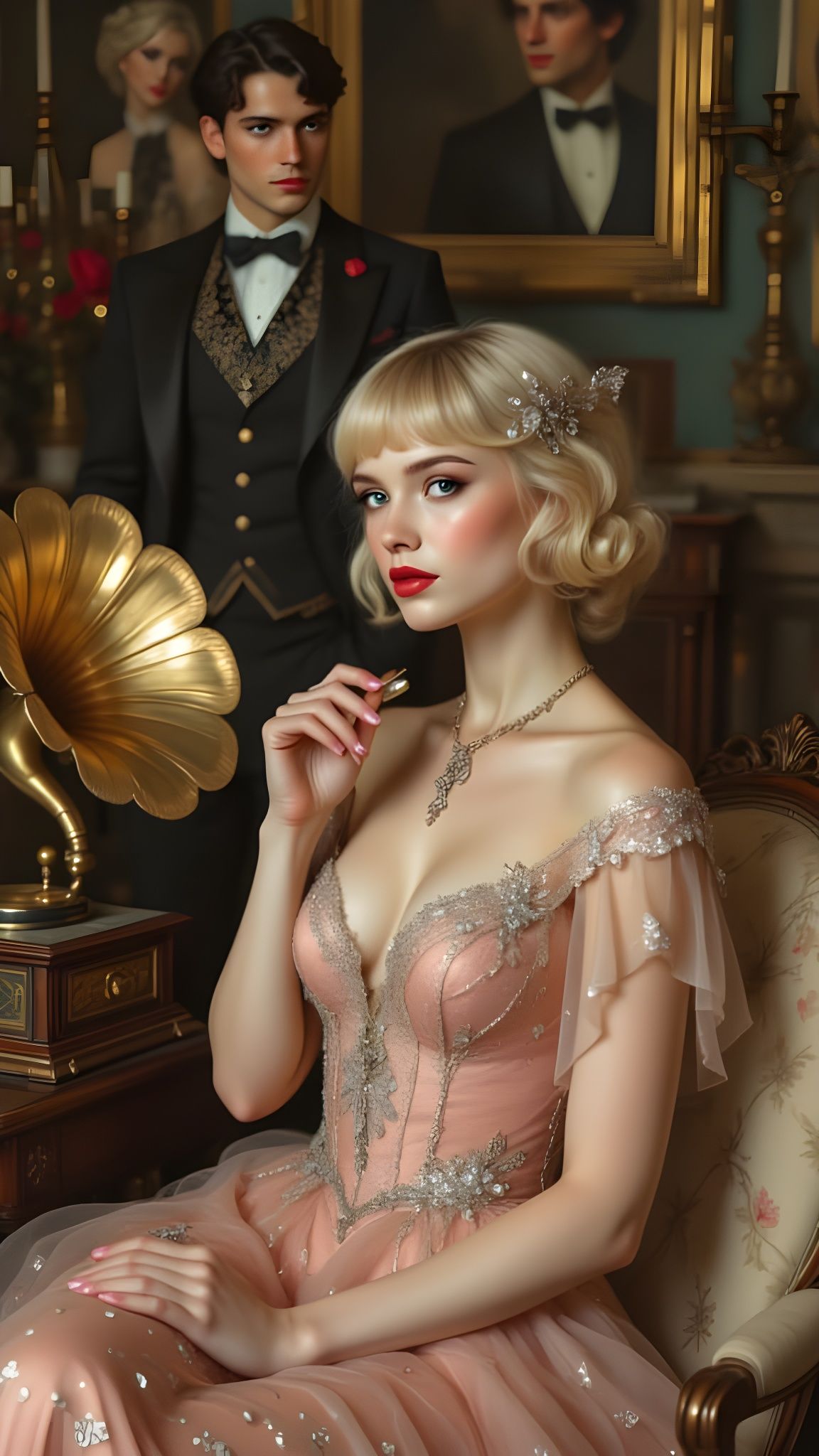 1920s Flapper Woman in Pink Dress with Gramophone