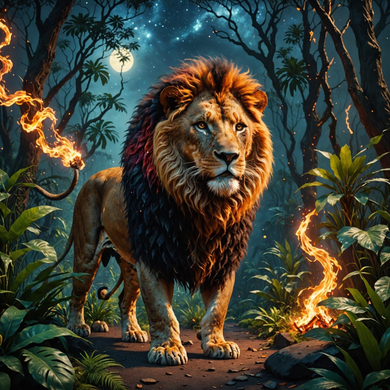 Fiery Lion in Jungle Under Starry Sky