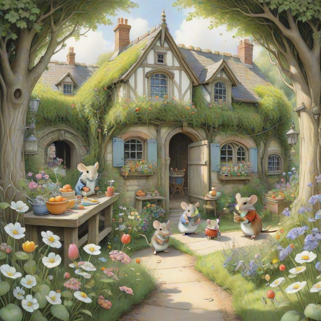 Idyllic Mice Garden Party in Pencil Drawing Style