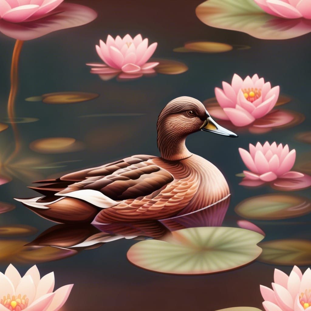 Elegant Brown Duck on Lily Pond: Fantasy Realism