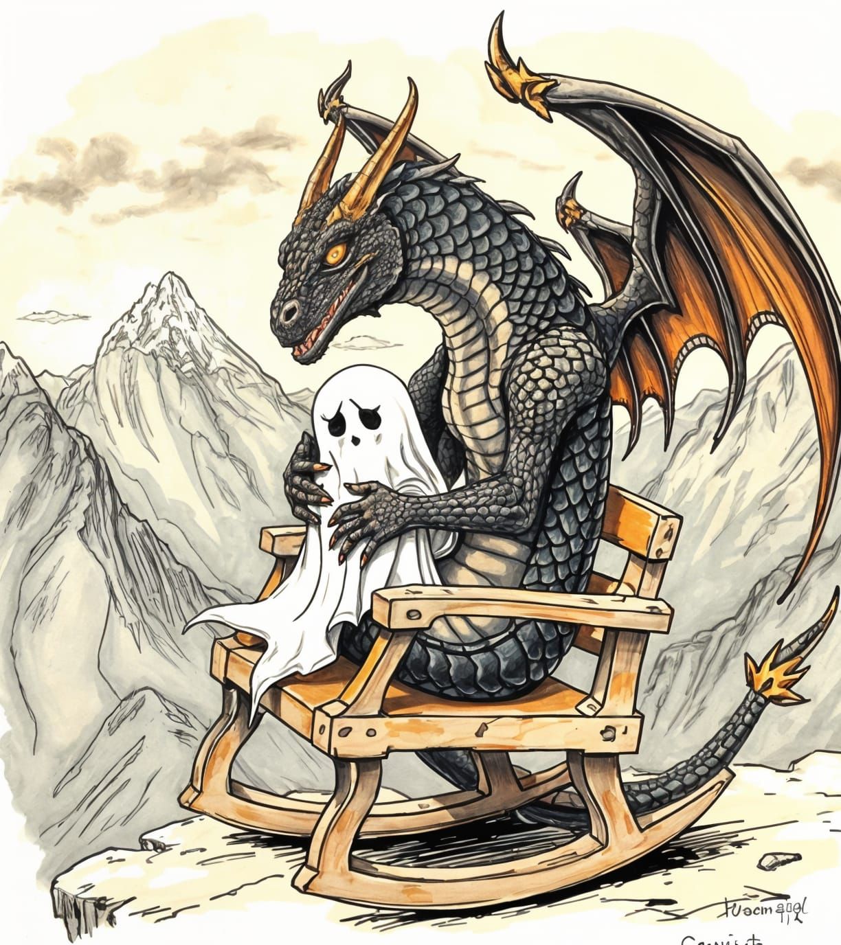 Dragon Comforting Ghost in Egon Schiele Style Sketch