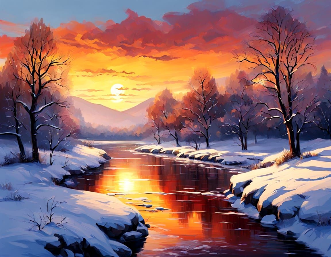 Vibrant Winter Sunset River Landscape Oil Painting