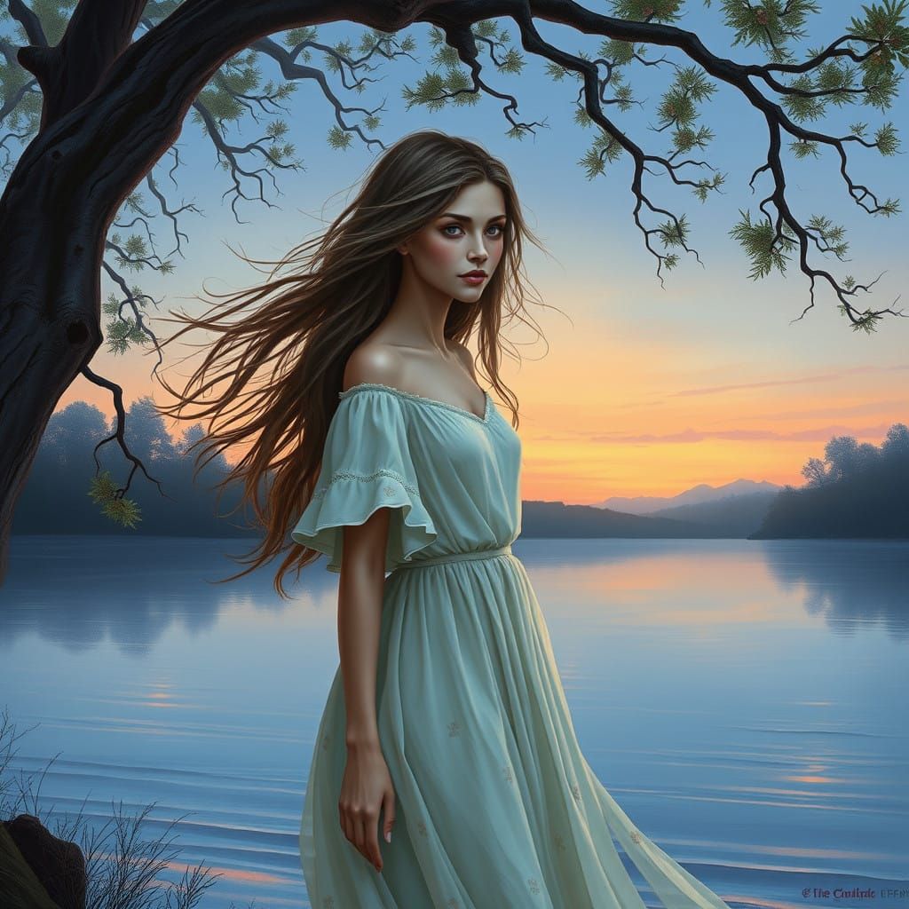 Dreamy Woman Stands at Lake's Edge in Soft Twilight