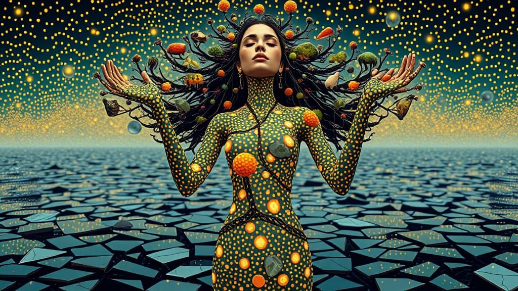 Dreamlike Goddess of Ecosystems in Dazzling Dots
