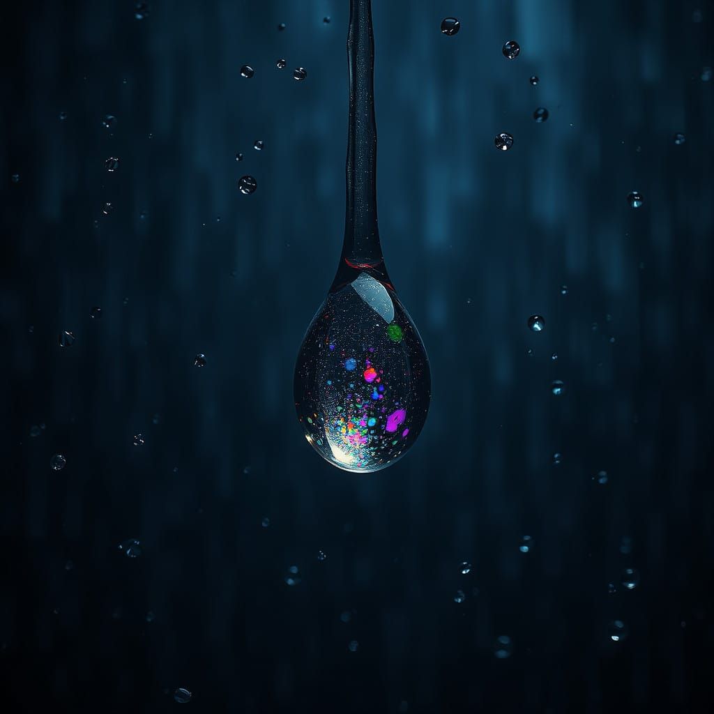 Hyperrealistic Raindrop in a Vibrant, Inky Atmosphere