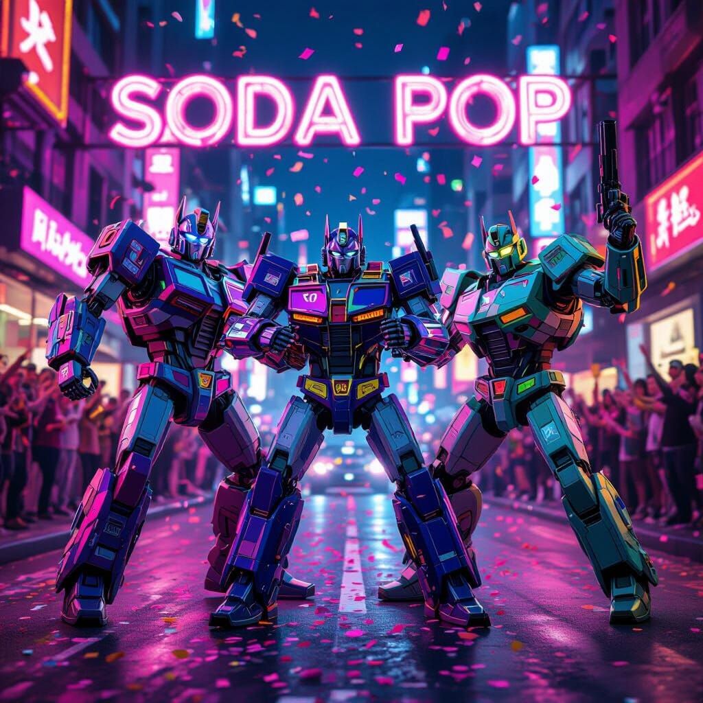 Transformers Busting Moves in Neon Cityscape