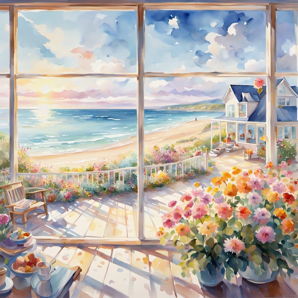 Impressionist Glass House by the Sea with Children at Play