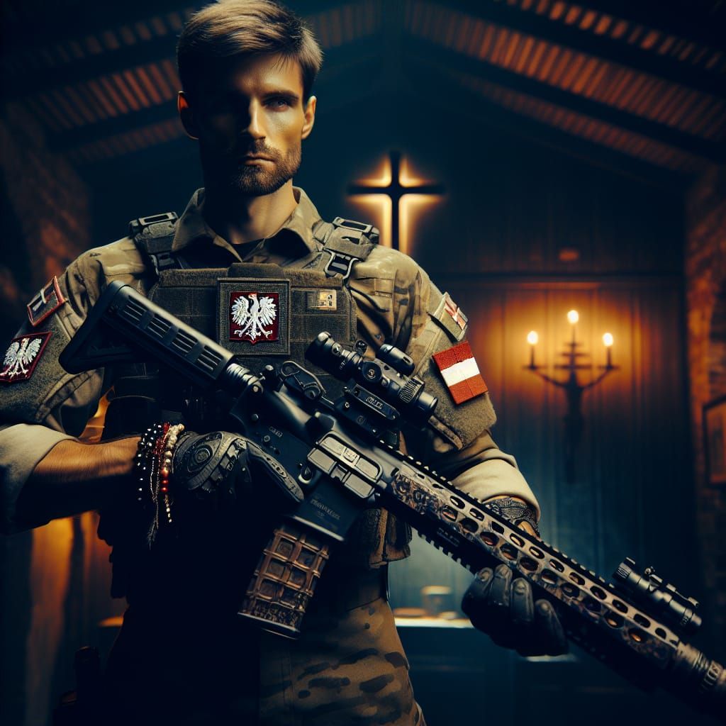 Polish Soldier with MSBS Grot Rifle: Cinematic Portrait