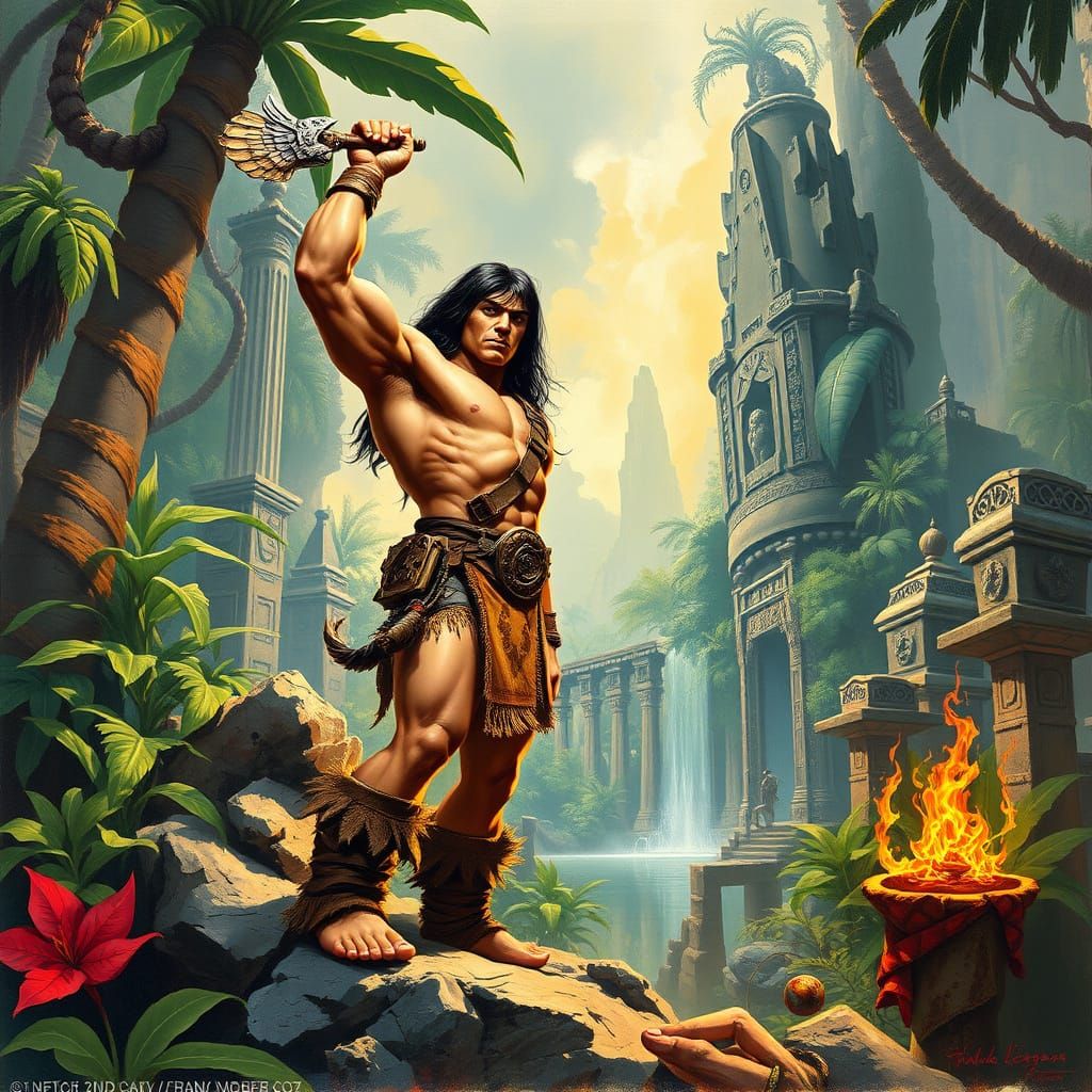 Victorious Conan in Jungle Ruins: Heroic Fantasy Art