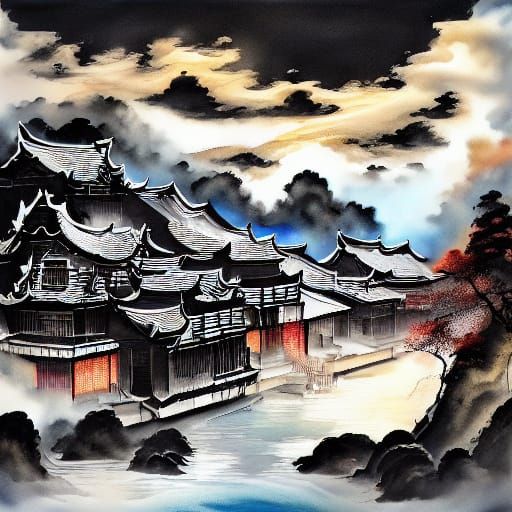Village Destroyed by Volcano and Tsunami, Chinese Painting