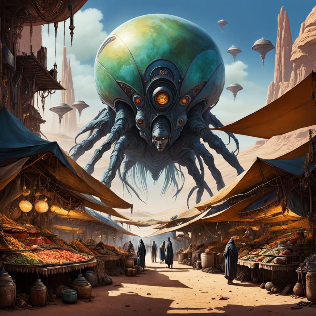 Bustling Alien Marketplace on Desert Planet as Digital Paint...