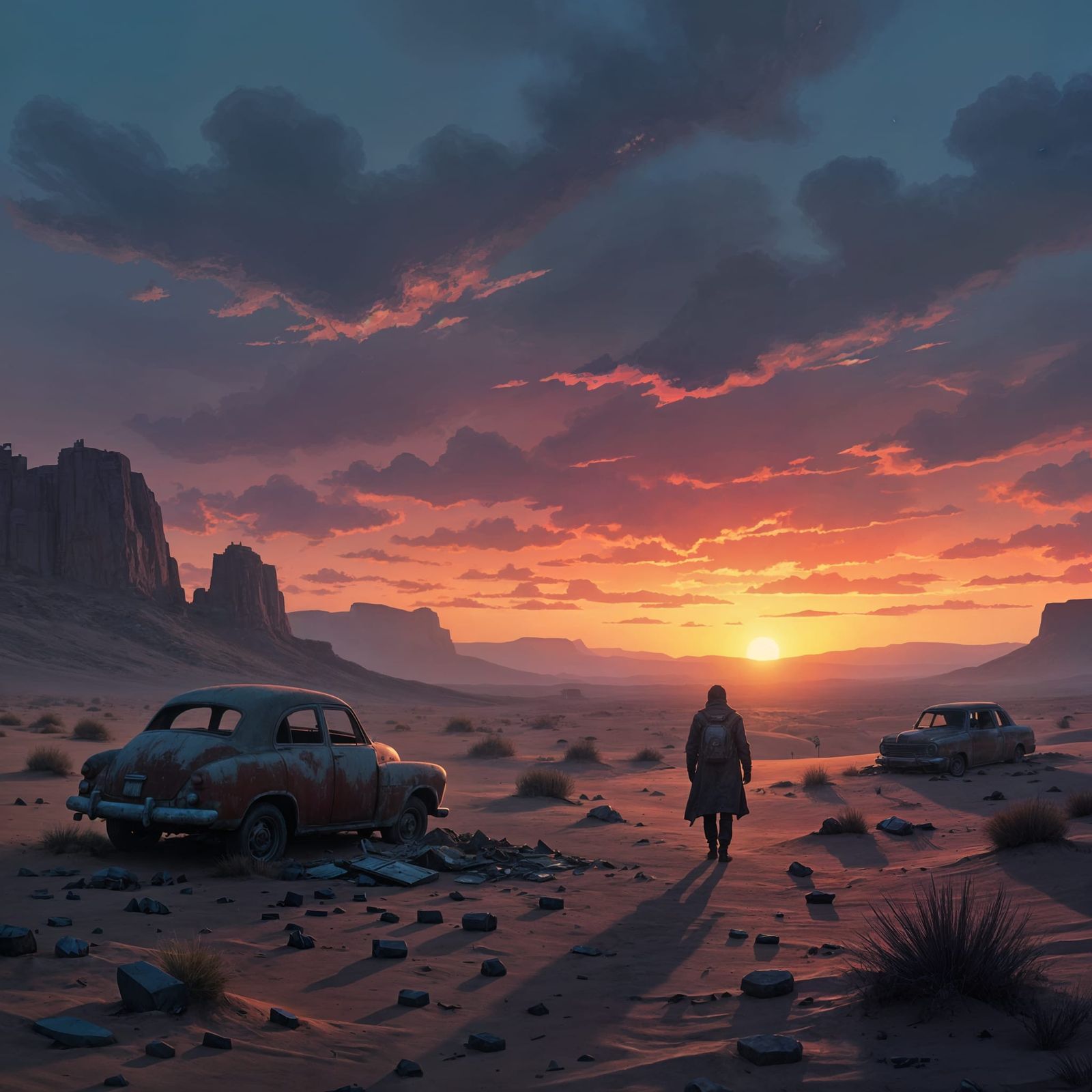 Lone Scavenger in Post-Apocalyptic Desert Twilight