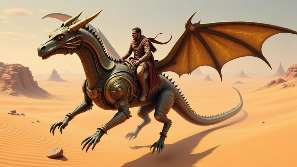 Majestic Steampunk Dragon Soars Through Golden Desert