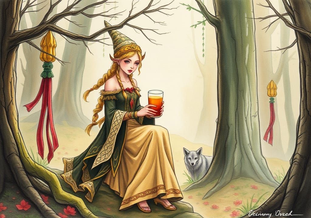 Watercolor Sorceress in Forest Illustration