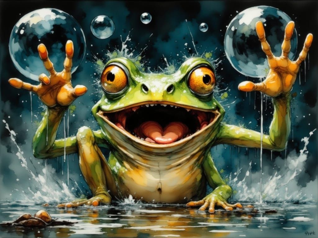 Startled Frog Gasping at Burst Bubble in Watercolor Style
