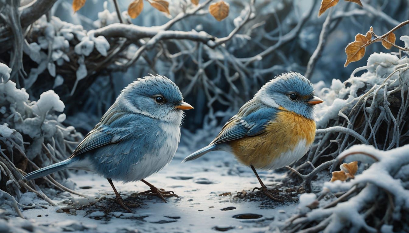 Whimsical Winter Bird in Snowy Garden, in Watercolor Style