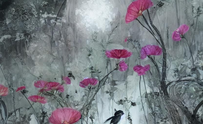 Neon Mushroom Field with Calligraphy, Digital Art