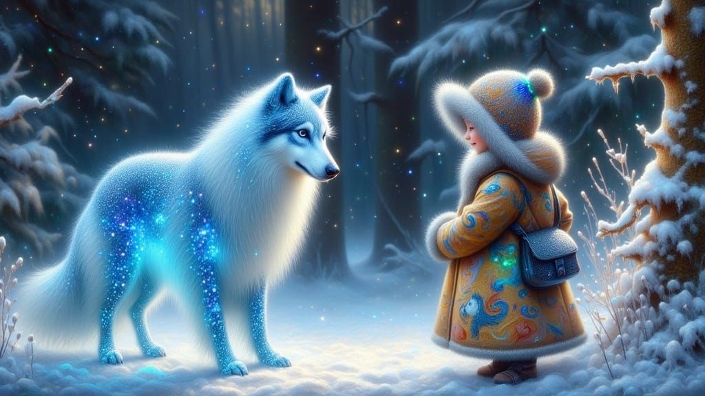 Luminous Glass Wolfhound in Winter Wonderland, Rococo Style