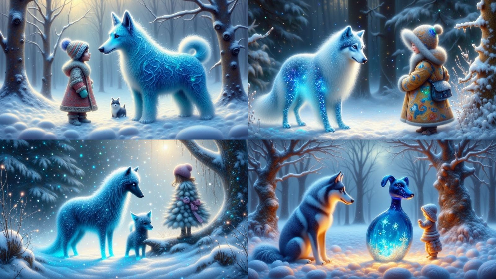 Glowing Wolfhound and Child in Winter Landscape