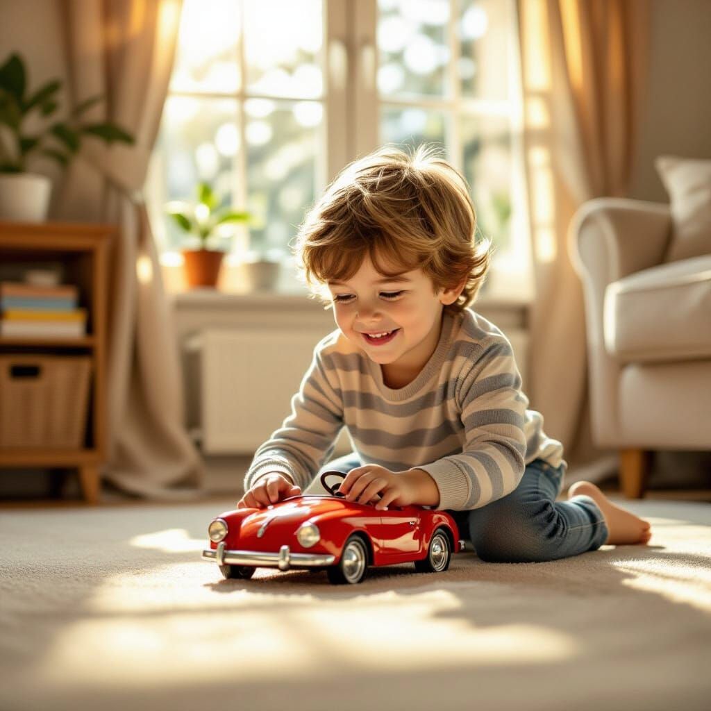 Joyful Boy Plays with Red Toy Car in Sunny Room