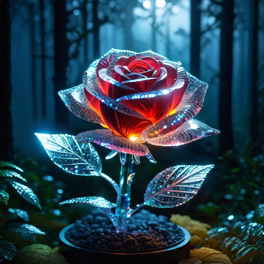 Glowing Crystal Rose in Magical Forest at Night