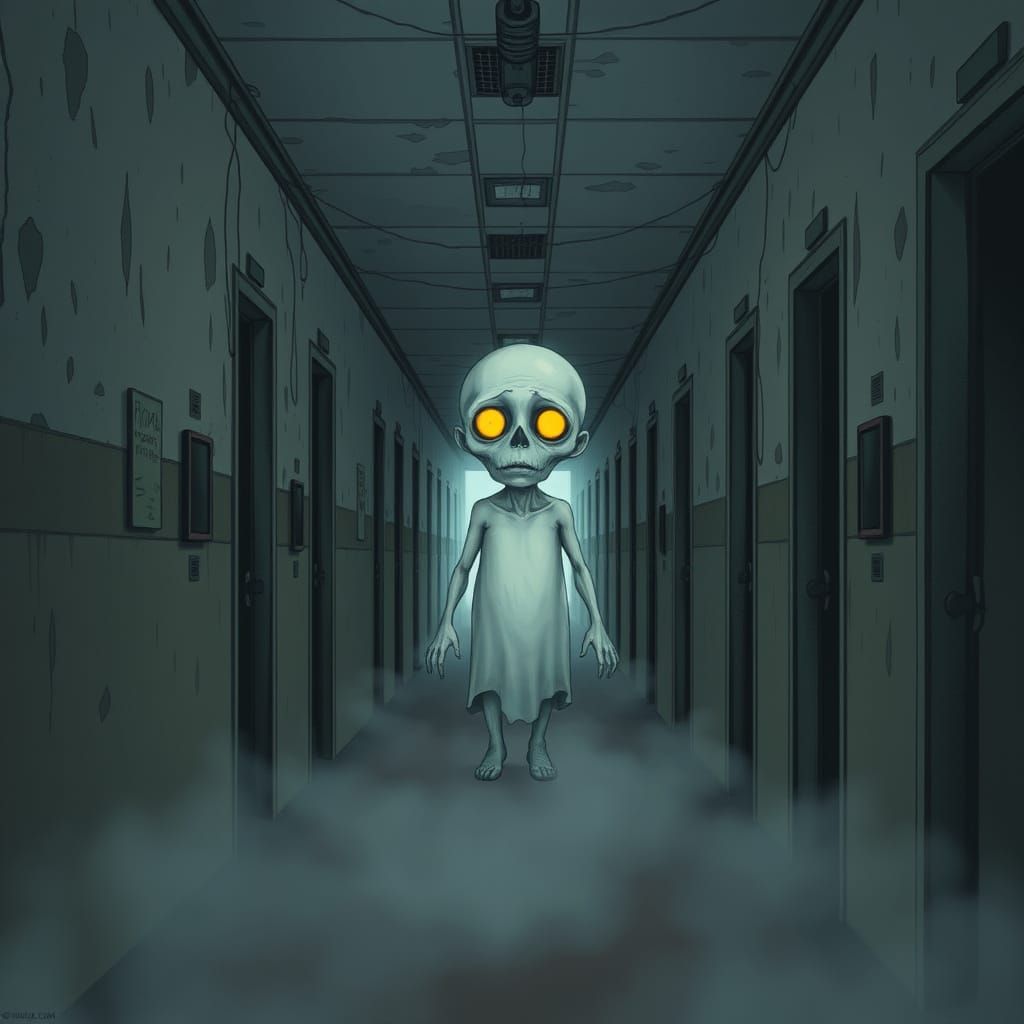 Abandoned Hospital Corridor in Eerie, Misty Atmosphere