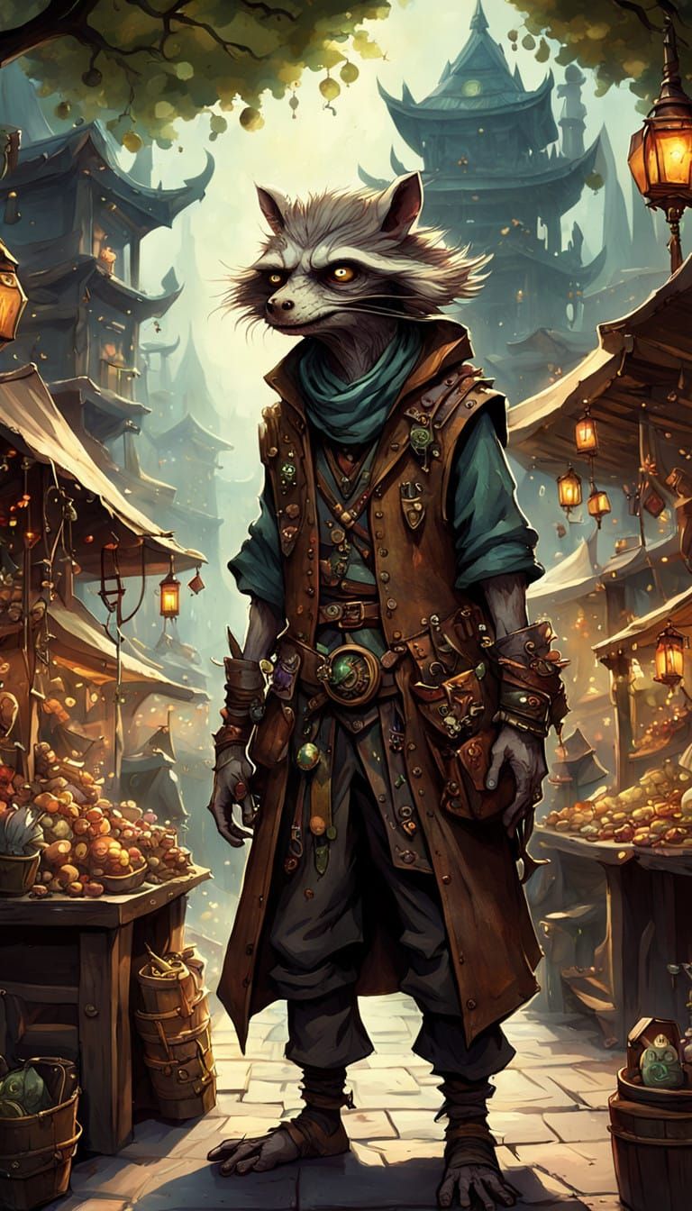 Fantastical Goblin Merchant in Whimsical Market Scene