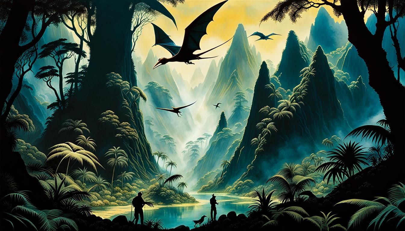 Pterodactylus in Prehistoric Jungle Double Exposure Silhouet...