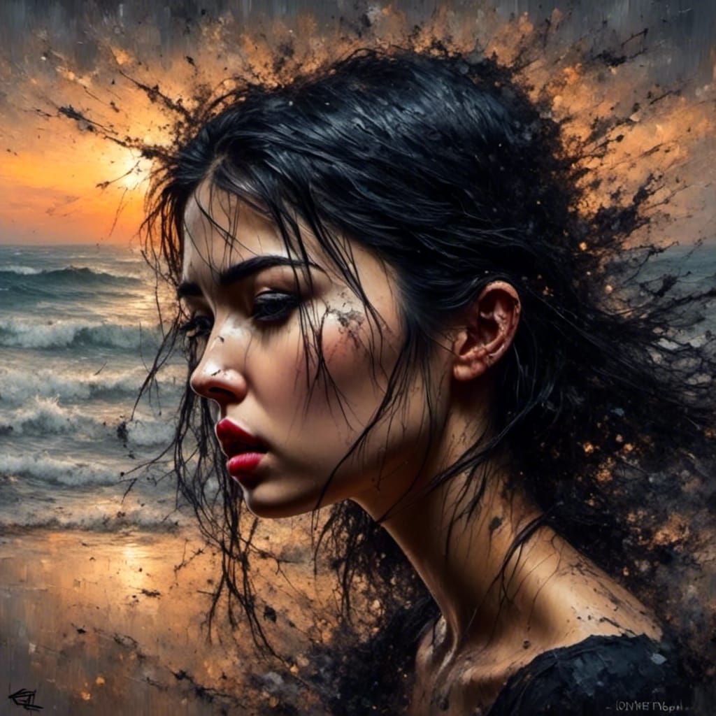 Palette Knife Oil Painting: Sad Woman on Beach