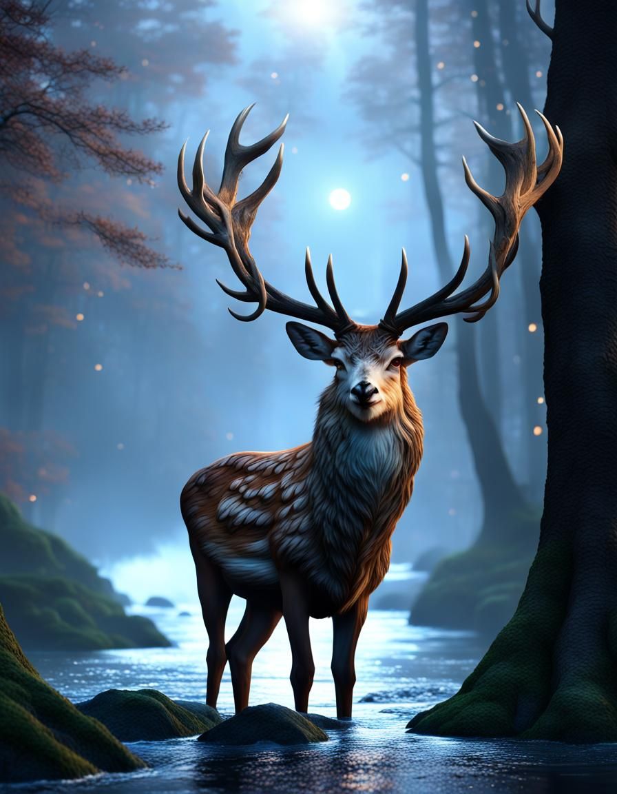 Stag in Moonlit Woods with Owl, Cinematic Digital Art