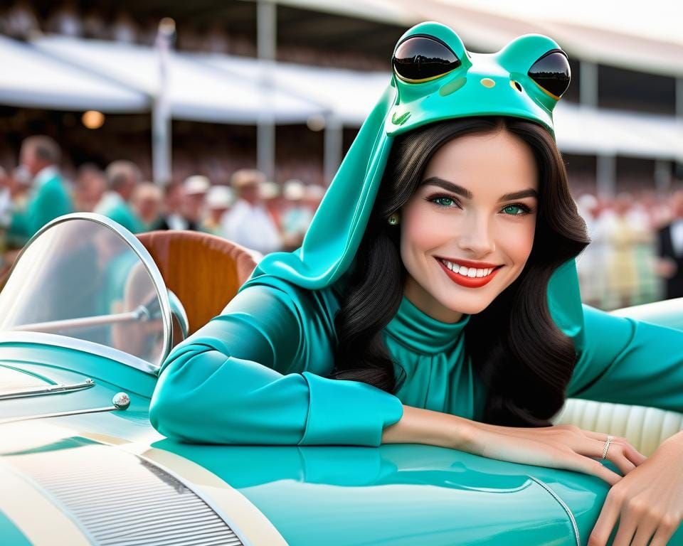 Brunette in Emerald Gown with Frog Car, Vintage Style