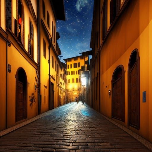 Florence Street at Night: Hyperdetailed Digital Art