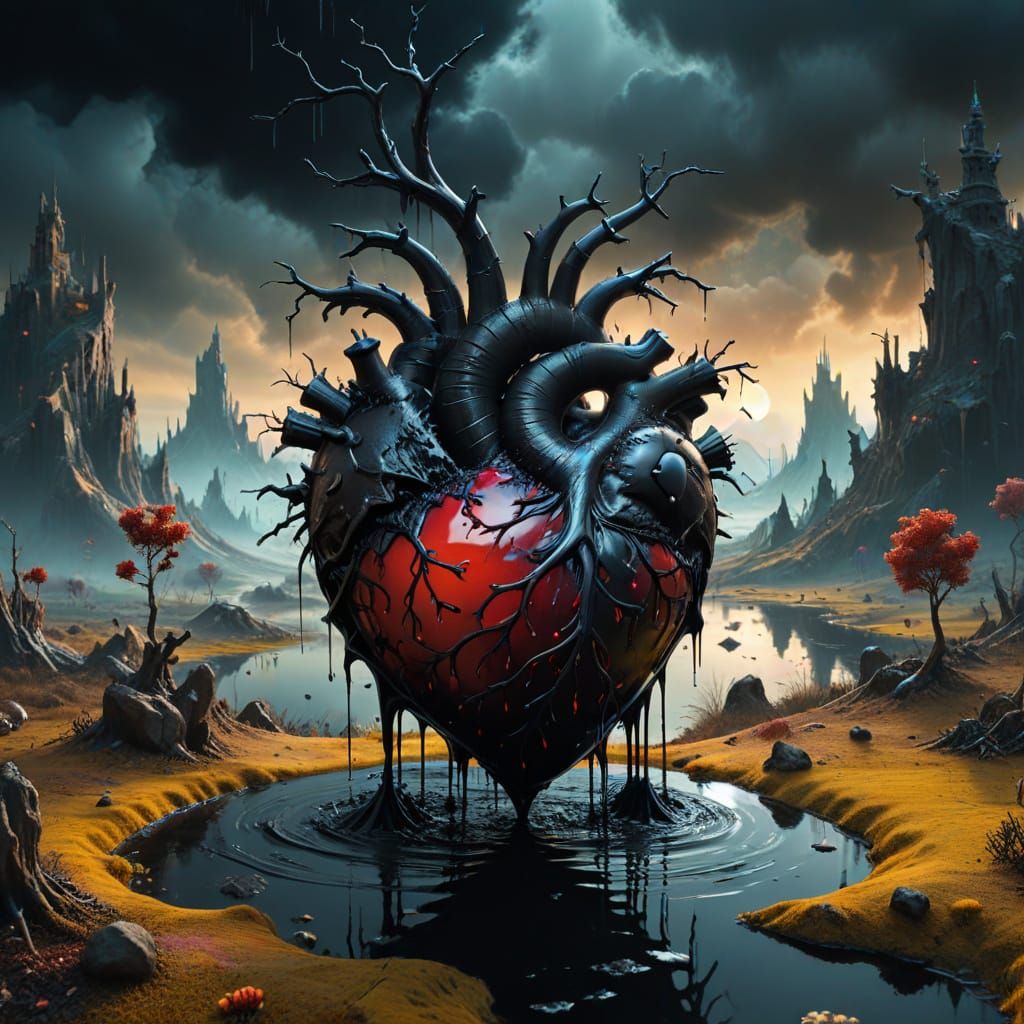 Surreal Heart Dripping Ink in Bosch-Inspired Nightmare