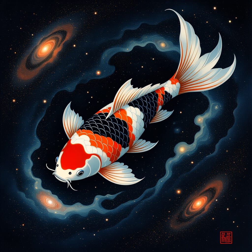 Obsidian Koi Fish in Cosmic Nebula