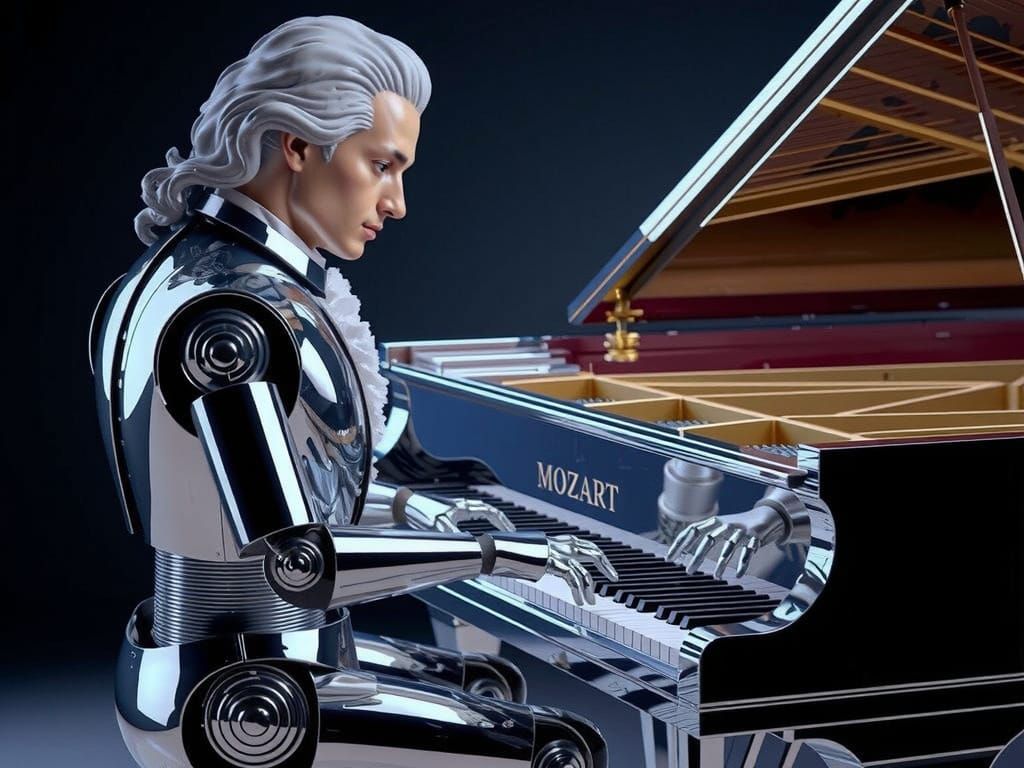 Portrait of the cybernetic Mozart playing the piano.