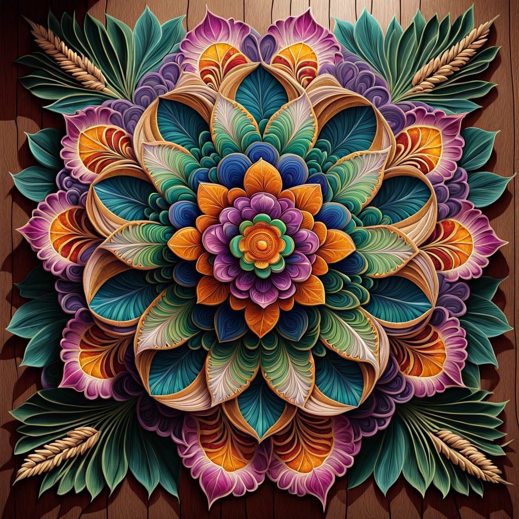 Vibrant Rangoli Pattern with Natural Elements in 3D