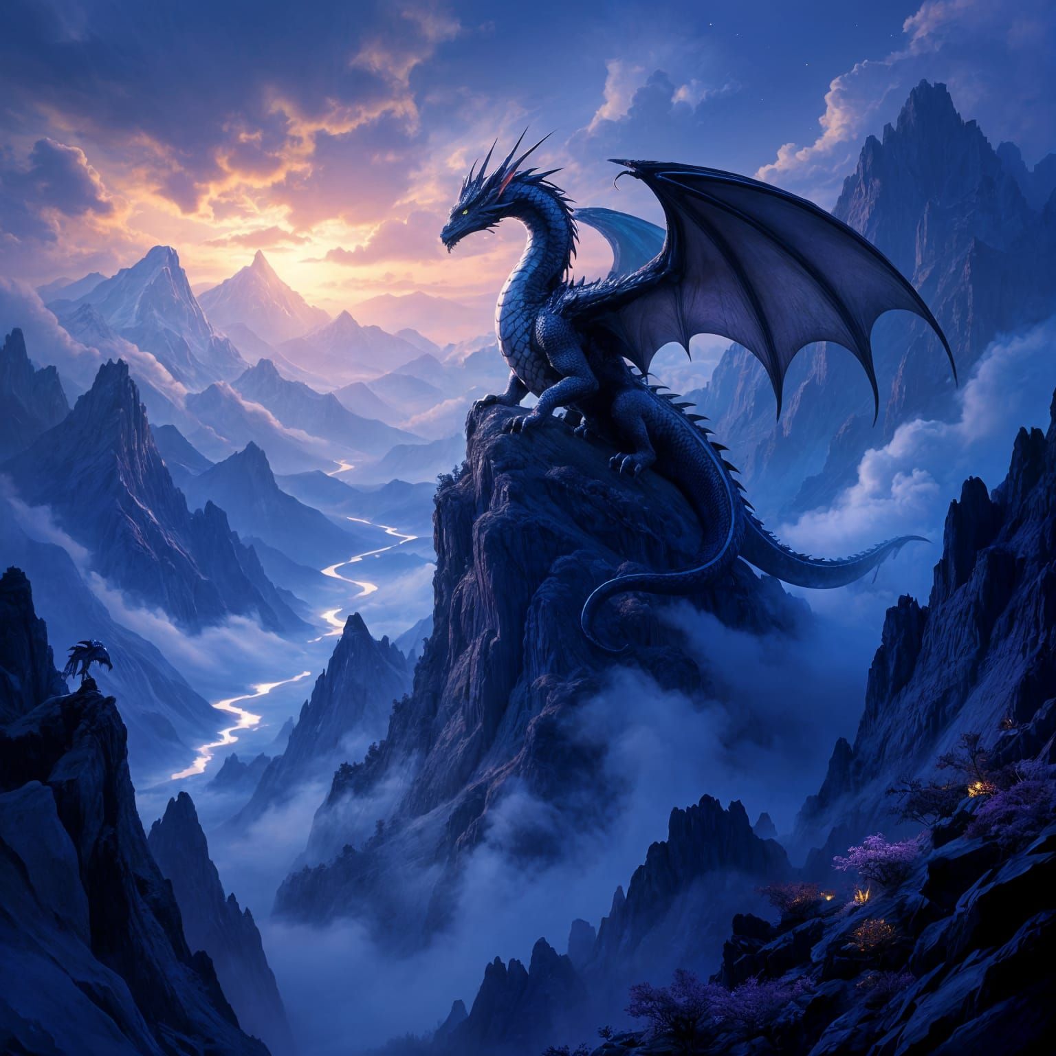 Ancient Dragon on Misty Mountain Peak in Dark Fantasy Style