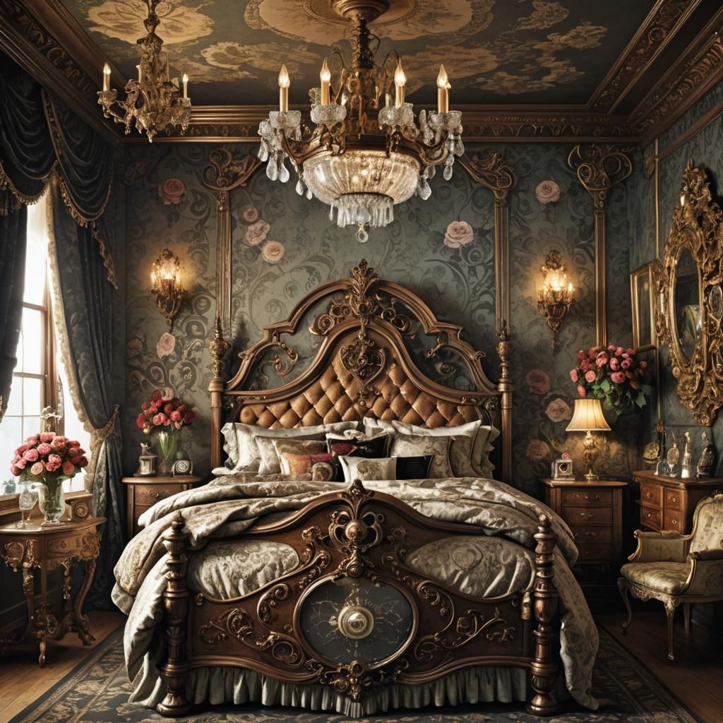 Steampunk Victorian Bedroom with Crystal Chandelier