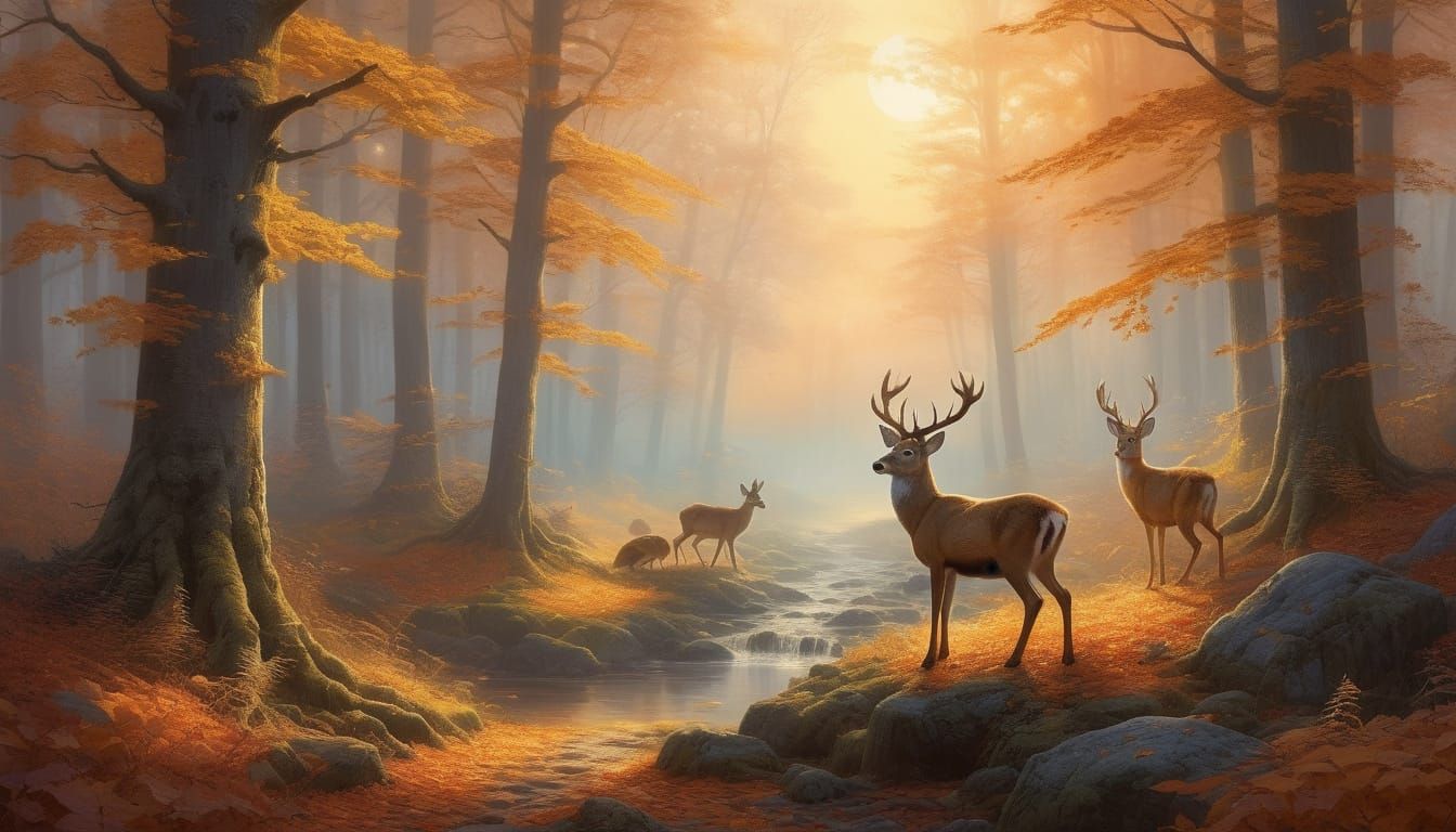 Autumn Forest Wildlife at Sunset in Ethereal Fantasy Style