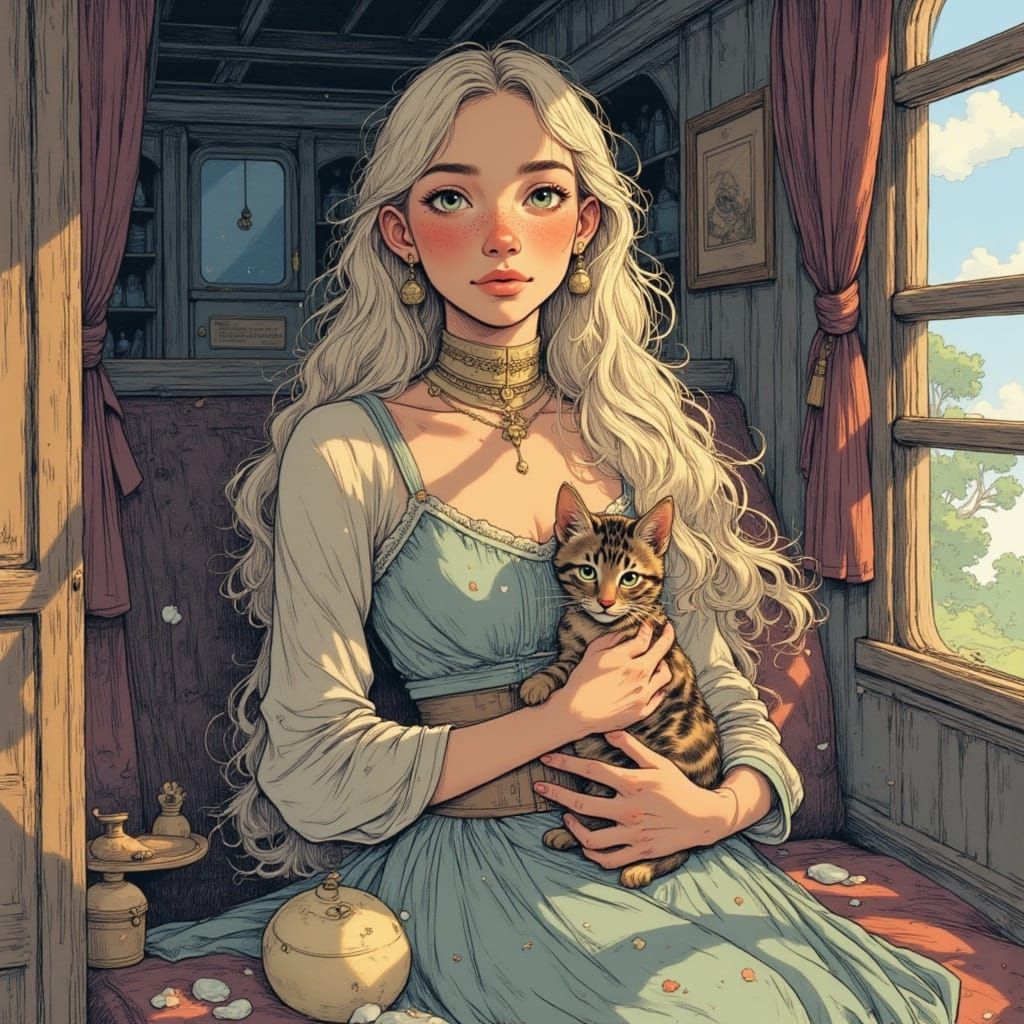 Ethereal Witch and Kitten on a Magical Train
