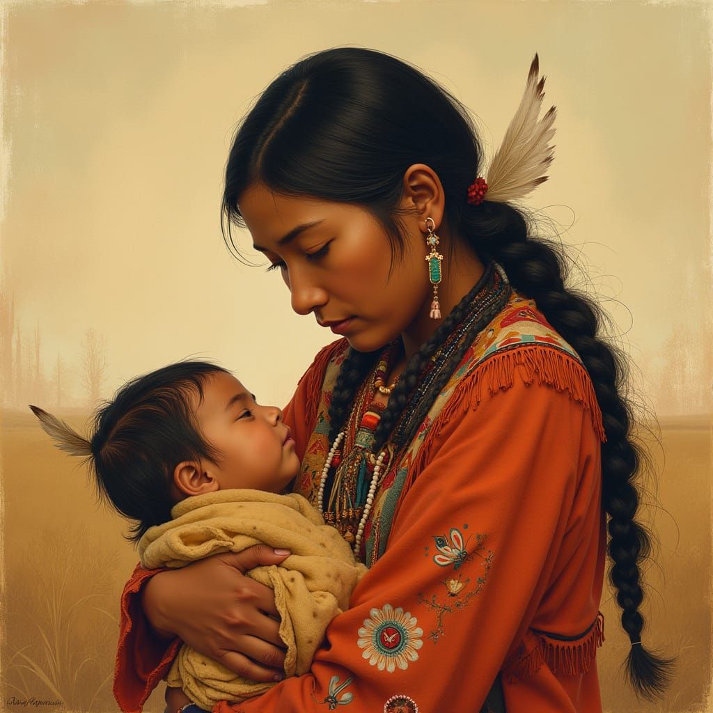 Lakota Mother Cradles Her Baby in a Soft Plains Landscape