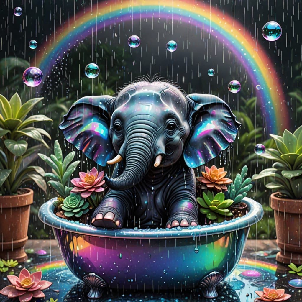 Baby elephant in claw bathtub with trucnk holding a succulent in the rain. Tub has bubble bath. Background rainbow