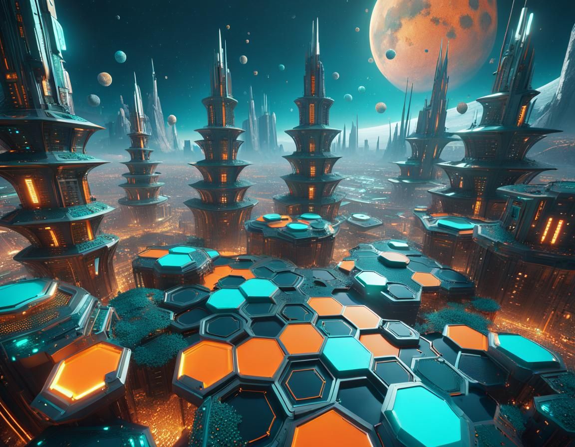 Futuristic City on Moon with Geometric Pattern