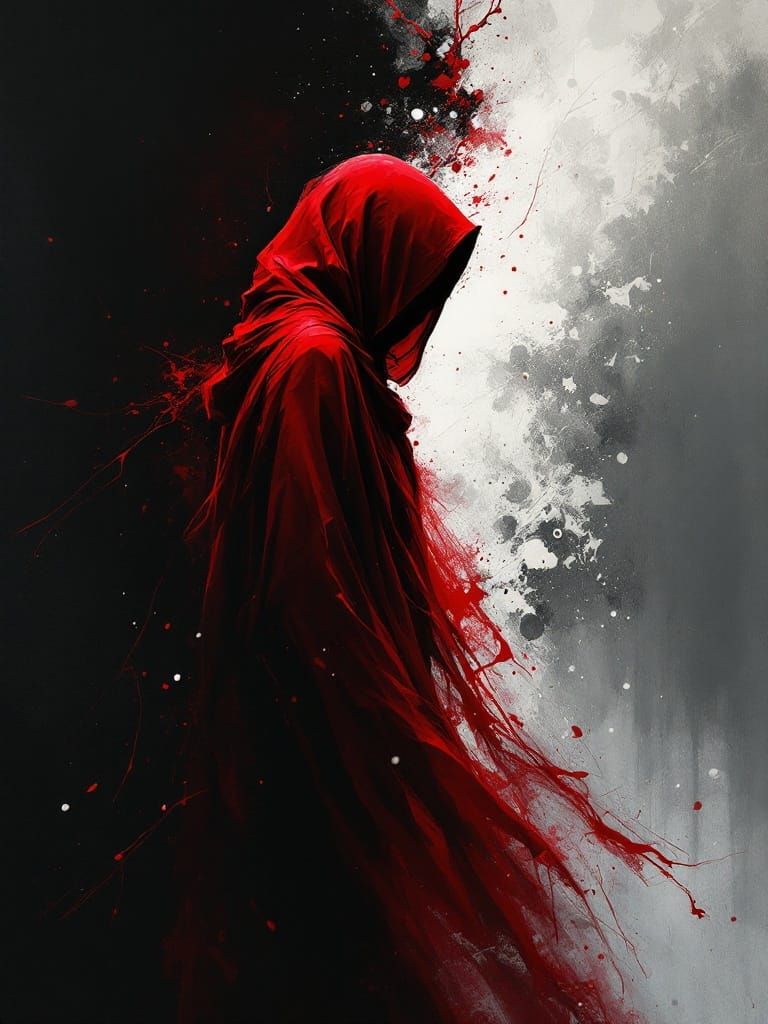 Ethereal Figure in Crimson Mantle Emerges from Darkness
