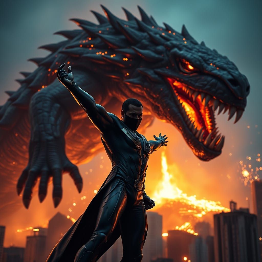 Superhero Rescues City from Lava Monster in Hyperreal Photo