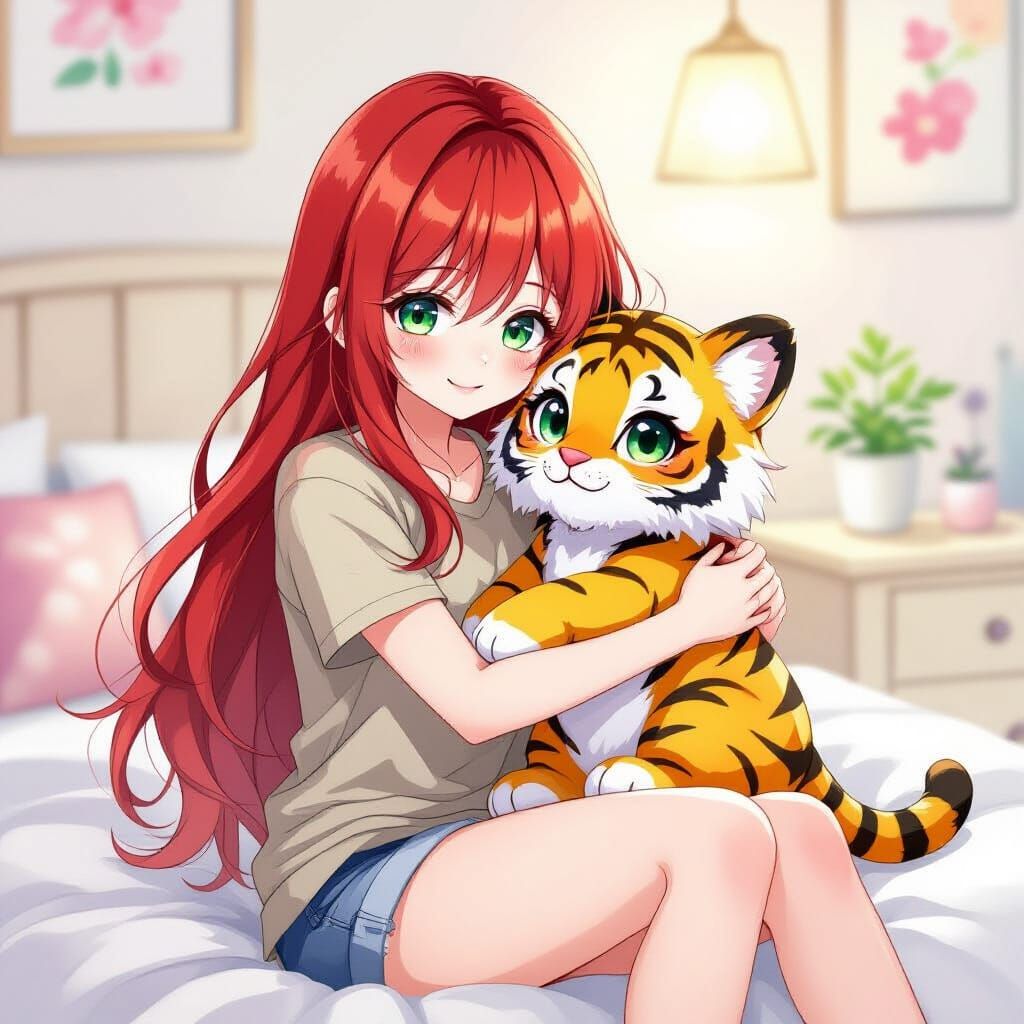 Anime Woman Hugging Tiger Doll in Watercolor Style